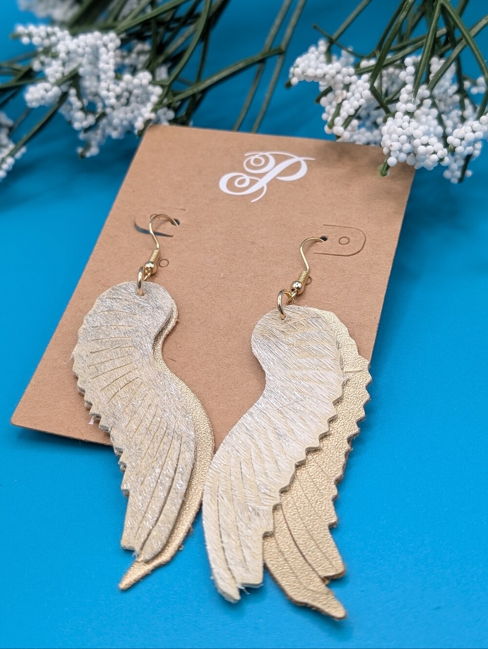Plunder Feya White and Gold Angel Wing Dangle Earrings NWT